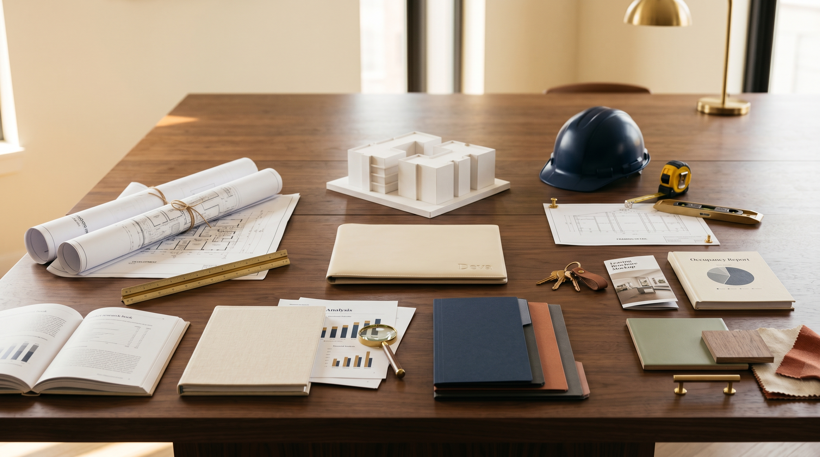 Deva — tools and documents from five real estate disciplines arranged across a conference table